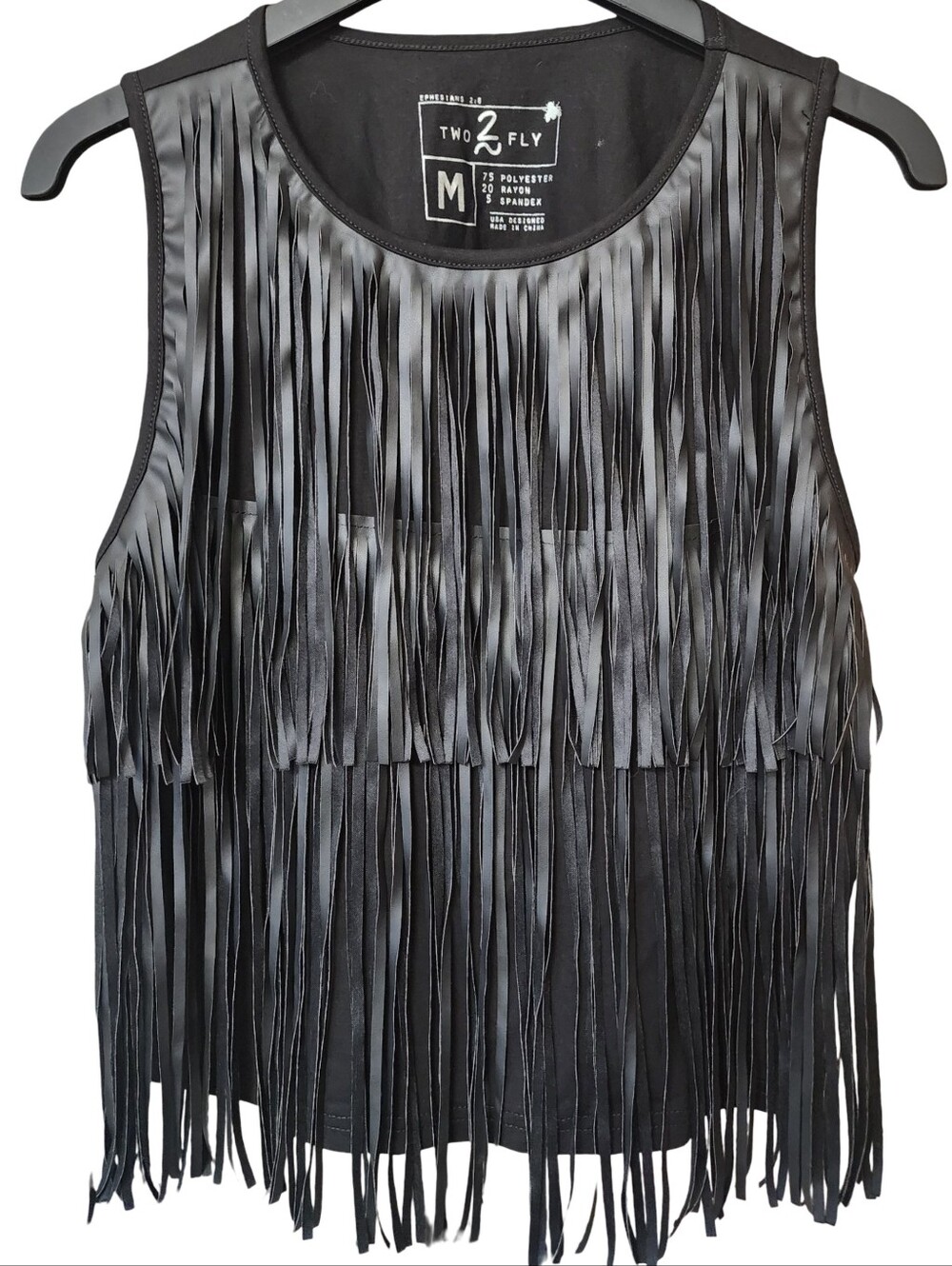 2 FLY CO. Black Faux Leather Fringe Tank Top Western Festival Size M